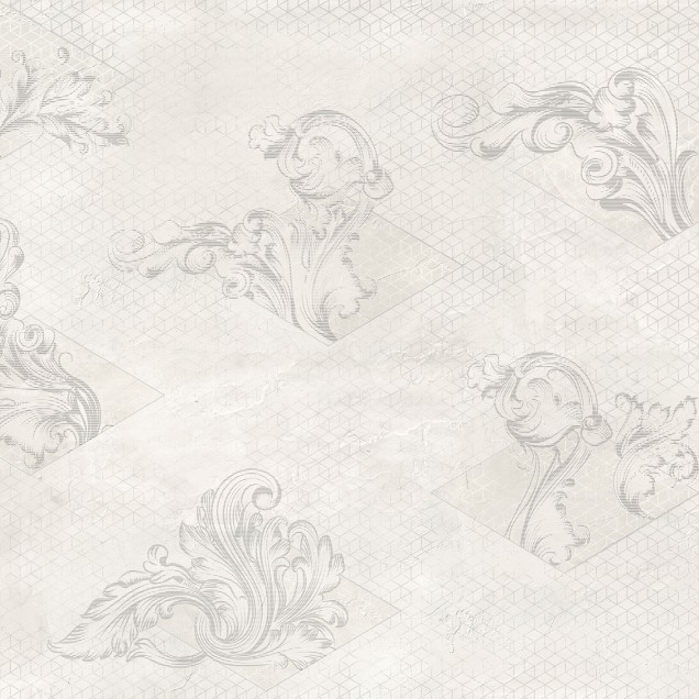Wallpaper cu model floral gri deschis pe fundal geometric alb