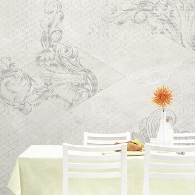 Wallpaper cu model floral gri deschis pe fundal geometric alb