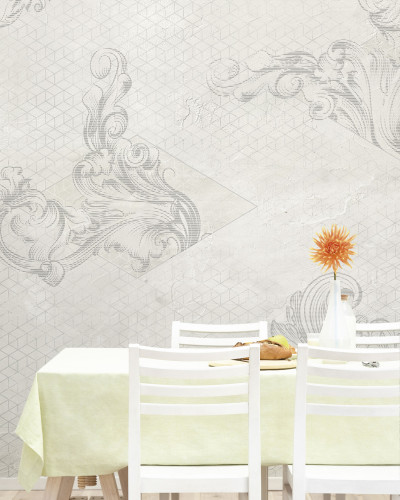 Wallpaper cu model floral gri deschis pe fundal geometric alb