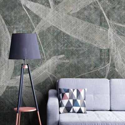 Tapet modern cu design abstract, Mayse, Aqua,  cu accente de gri și verde.