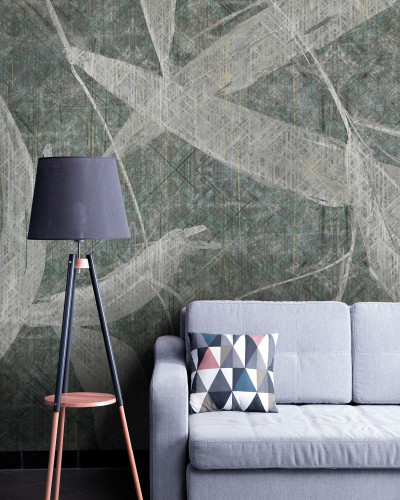Tapet modern cu design abstract, Mayse, Aqua,  cu accente de gri și verde.