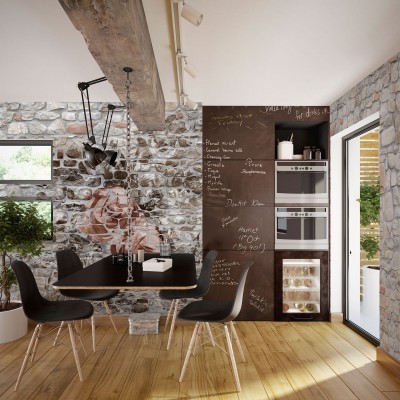 Tapet Stonewall, Deco Brown, cu textura zidăriei de piatră.