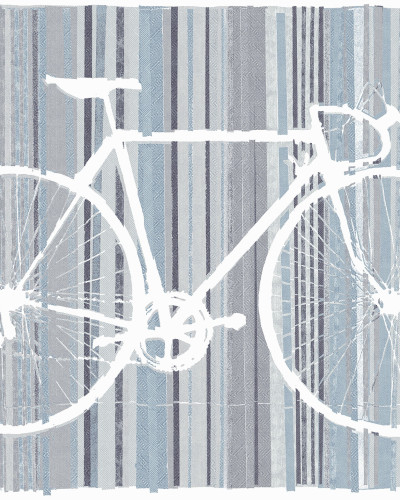 Imagine cu wallpaper albastru cu dungi pe care este desenată o bicicletă albă