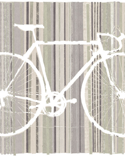 Tapet Bicycle Trace, Green, cu o bicicletă albă pe un fundal cu dungi în nuanțe de gri și verde