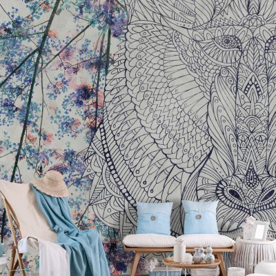 Tapet Baboon, Gri, cu un design floral modern