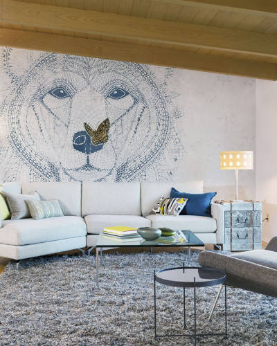 Ursidae Light tapet, design unic, urs, fluture, lini fine, albastru, alb, minimalist, elegant, modern