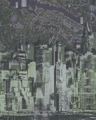 Tapet cu design abstract de oras, in nuante de verde si gri