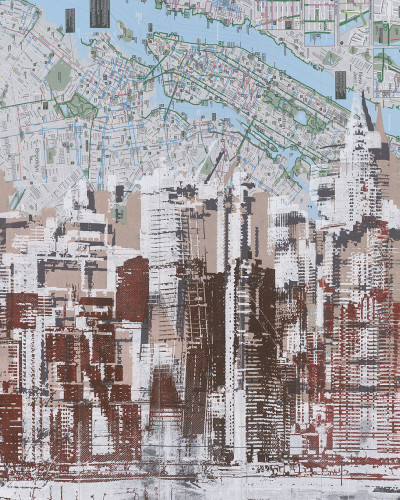 Tapet cu design modern, reprezentând clădiri din New York, pe un fundal de hartă.