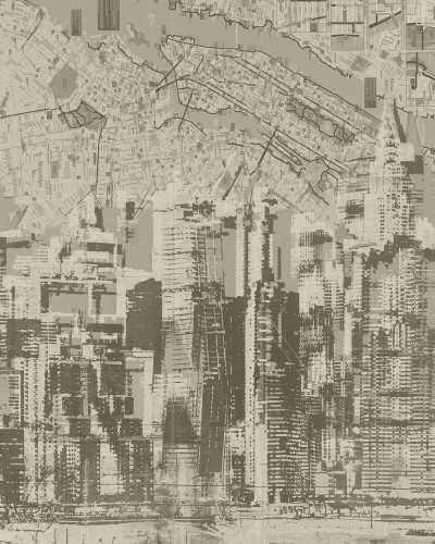 Wallpaper cu design urban vintage, cu un aspect vintage, în tonuri de gri și sepie.
