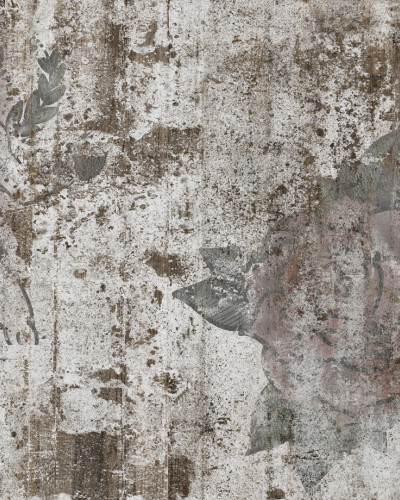 Imagine cu wallpaper cu un design vintage,  pe un perete de beton degradat, care prezintă un boxer, o coroană de lauri și o roză.