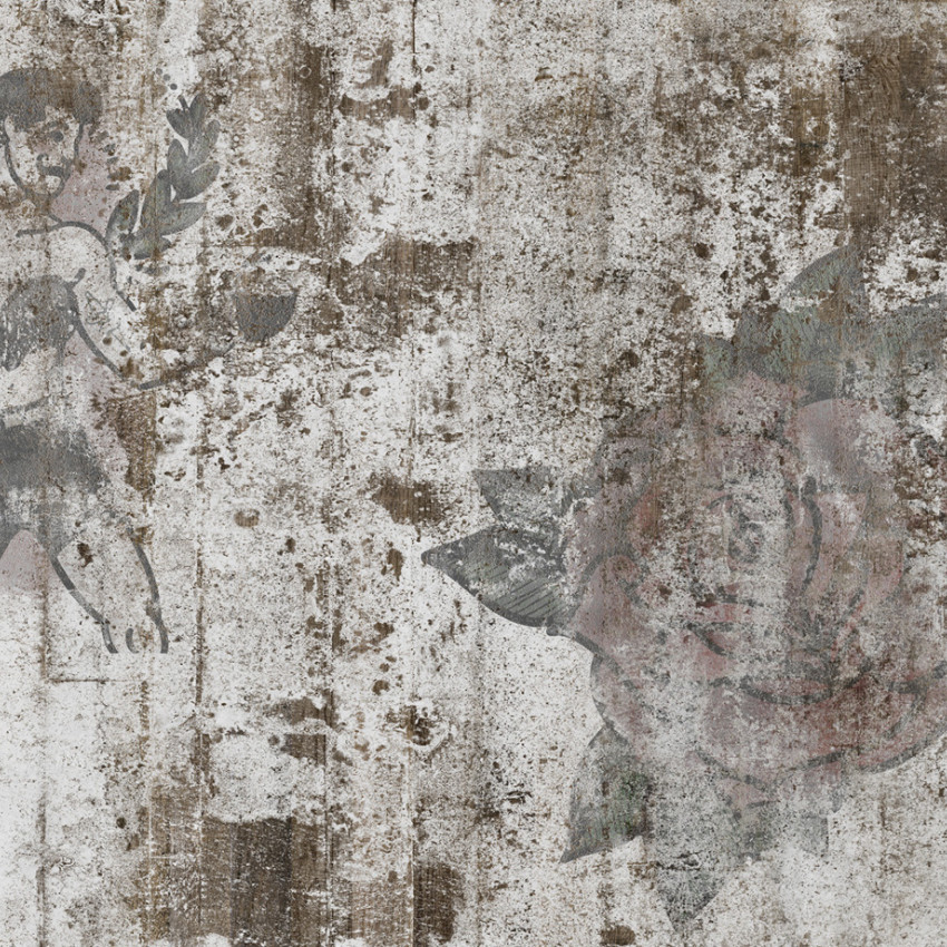 Imagine cu wallpaper cu un design vintage,  pe un perete de beton degradat, care prezintă un boxer, o coroană de lauri și o roză.