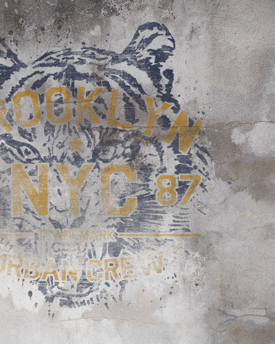 Eye of the Tiger, Grey wallpaper with a wild tiger design and a Brooklyn 9 NYC 87 text on a concrete background.
