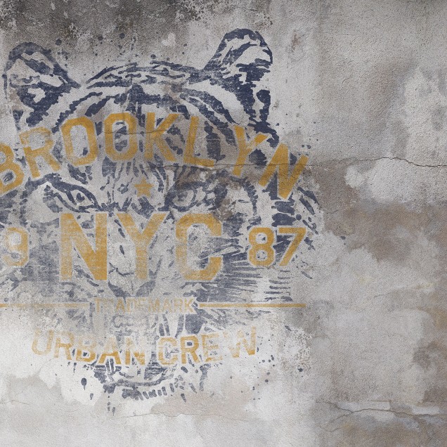Eye of the Tiger, Grey wallpaper with a wild tiger design and a Brooklyn 9 NYC 87 text on a concrete background.