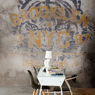 Eye of the Tiger, Grey wallpaper with a wild tiger design and a Brooklyn 9 NYC 87 text on a concrete background.