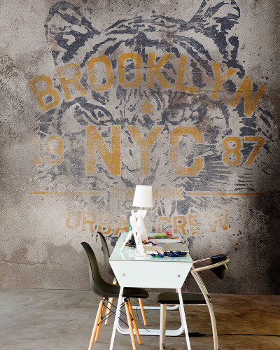 Eye of the Tiger, Grey wallpaper with a wild tiger design and a Brooklyn 9 NYC 87 text on a concrete background.