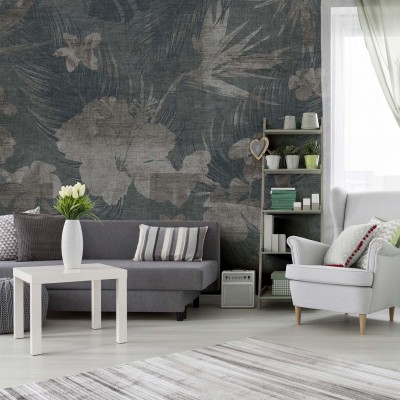 Tapet cu flori albastre pentru living, design minimalist