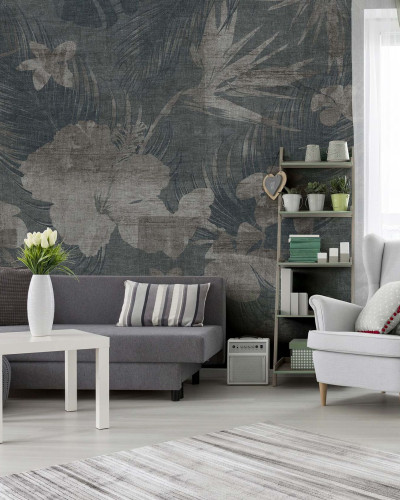 Tapet cu flori albastre pentru living, design minimalist