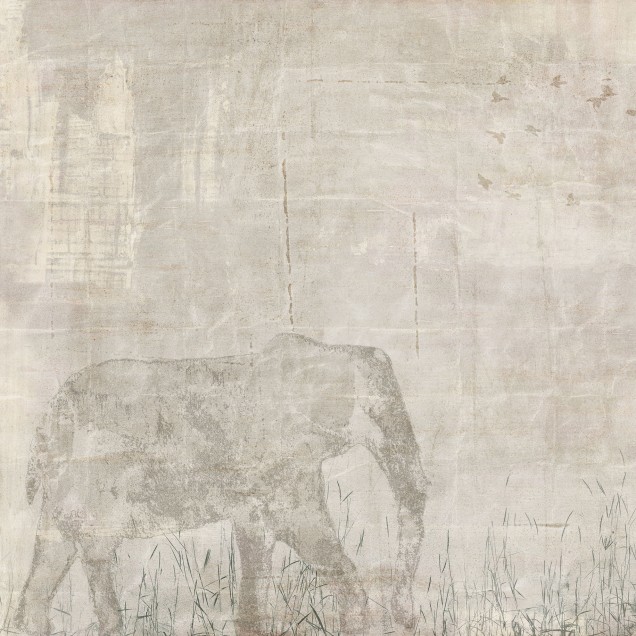 Wallpaper modern cu design industrial, Africa, Sand, cu textură de beton, siluetă de elefant și stol de păsări.