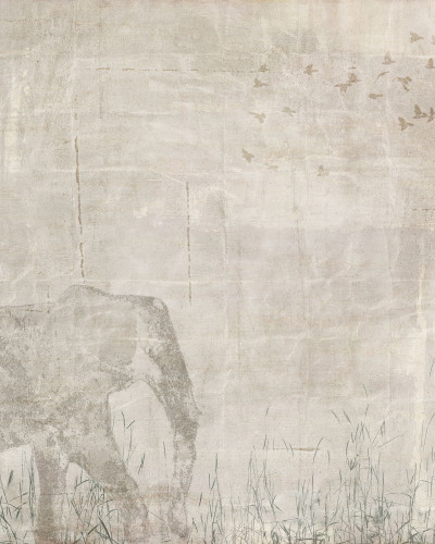 Wallpaper modern cu design industrial, Africa, Sand, cu textură de beton, siluetă de elefant și stol de păsări.