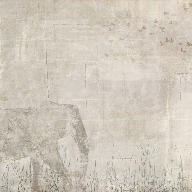 Wallpaper modern cu design industrial, Africa, Sand, cu textură de beton, siluetă de elefant și stol de păsări.