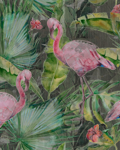 Tapet cu flamingo roz printre frunze tropicale luxuriante