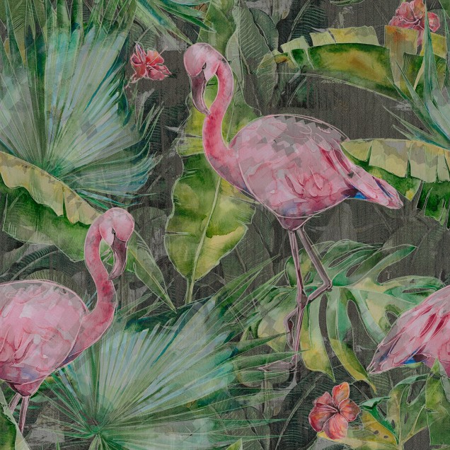 Tapet cu flamingo roz printre frunze tropicale luxuriante