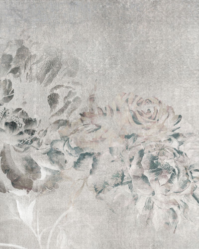 Tapet floral Plumier, alb, cu flori delicate în nuanțe de gri și alb.