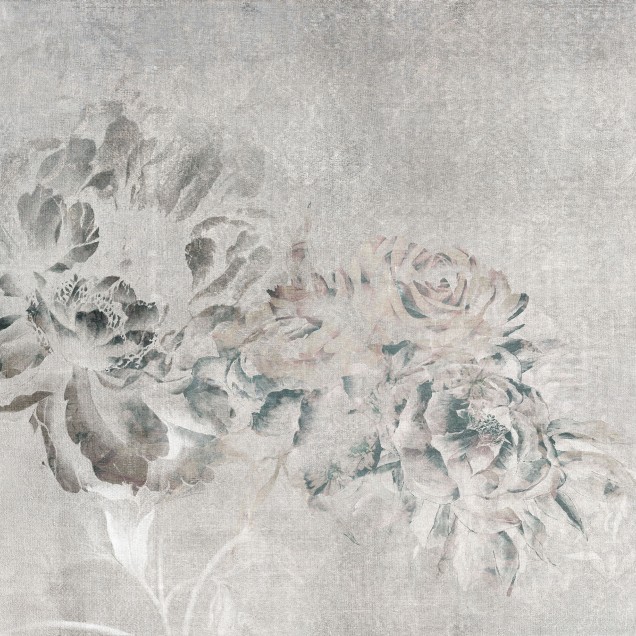 Tapet floral Plumier, alb, cu flori delicate în nuanțe de gri și alb.