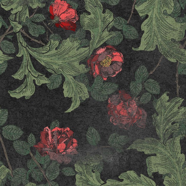 Tapet floral Howard, Original, cu flori rosii si frunze verzi pe un fundal negru.