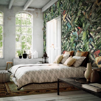Tapet cu frunze tropicale și cameleoni