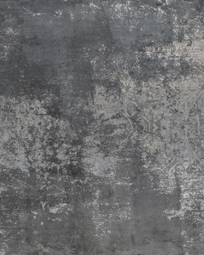 Tapet Camelot, Black, cu design beton rustic și motive florale