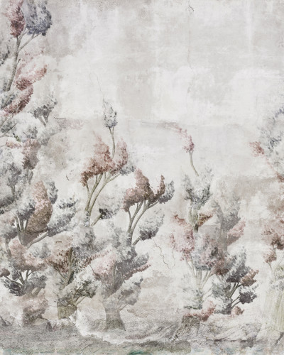 Somerset, Automne wallpaper, imagine cu design floral pe un perete gri, cu o canapea verde, o masă cu o față de masă bej și o statuie de marmură.