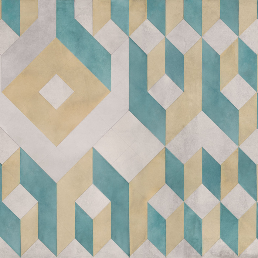 Tapet geometric cu design tridimensional in nuante de albastru, bej si gri.