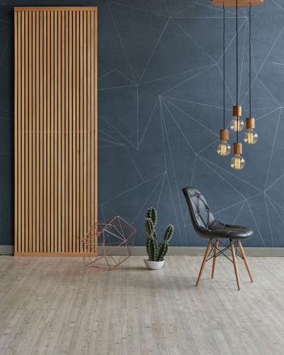 Tapet cu design geometric abstract, cu linii fine albe pe un fundal albastru inchis