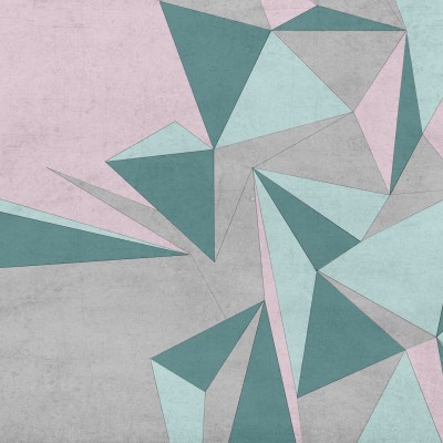 Tapet geometric modern cu triunghiuri suprapuse in tonuri de verde pastel si gri.