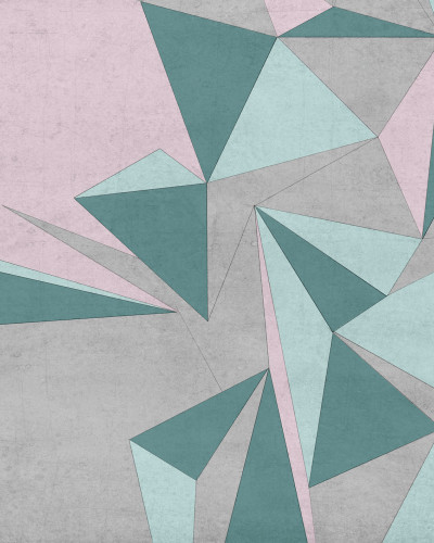 Tapet geometric modern cu triunghiuri suprapuse in tonuri de verde pastel si gri.