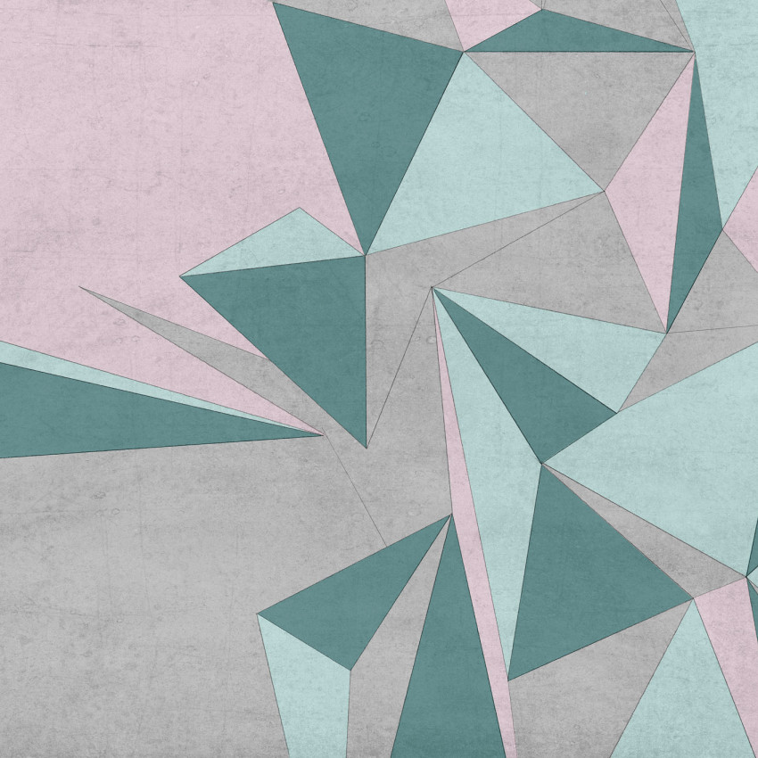 Tapet geometric modern cu triunghiuri suprapuse in tonuri de verde pastel si gri.