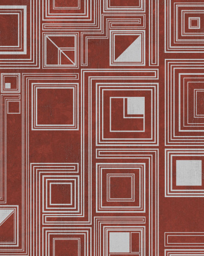 Wallpaper geometric modern cu linii albe contrastante pe un fundal rosu bogat.
