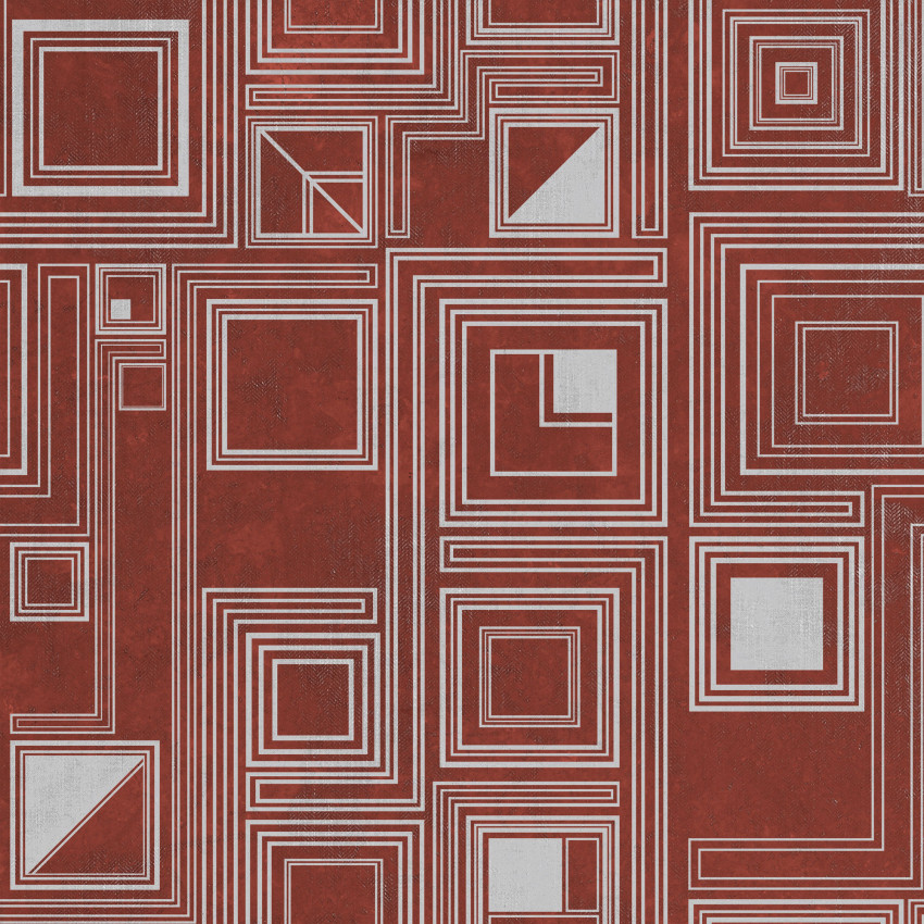 Wallpaper geometric modern cu linii albe contrastante pe un fundal rosu bogat.