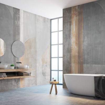 Tapet baie Olimpia, Strong. Tapet modern in nuante de gri si maro, cu accente de aur, ideal pentru o baie eleganta si relaxanta.