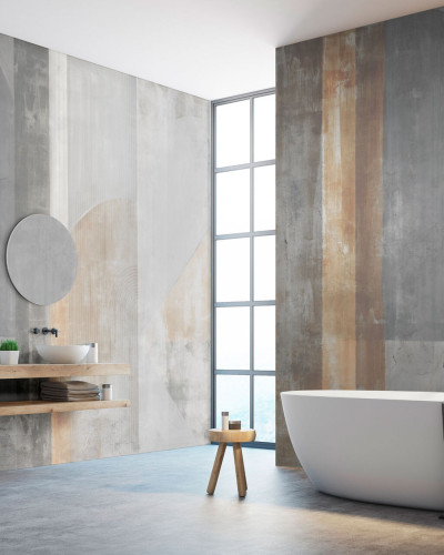 Tapet baie Olimpia, Strong. Tapet modern in nuante de gri si maro, cu accente de aur, ideal pentru o baie eleganta si relaxanta.