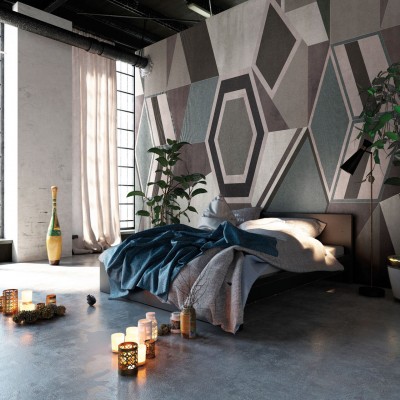 Tapet Forma cu design geometric abstract, in nuante de gri si albastru