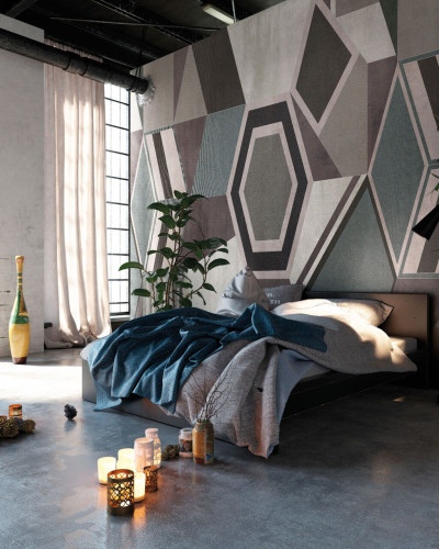 Tapet Forma cu design geometric abstract, in nuante de gri si albastru