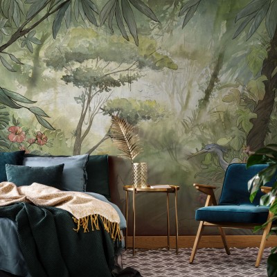 Tapet cu design exotic, inspirat din jungla Amazoniană, cu copaci, flori și o pasăre.