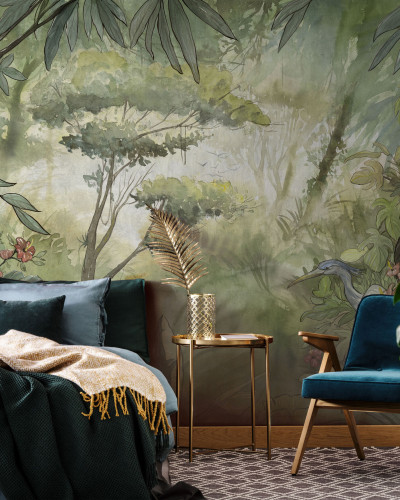 Tapet cu design exotic, inspirat din jungla Amazoniană, cu copaci, flori și o pasăre.