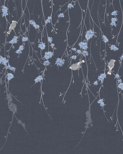 Wallpaper cu design floral elegant și păsări Waxwing, Blue
