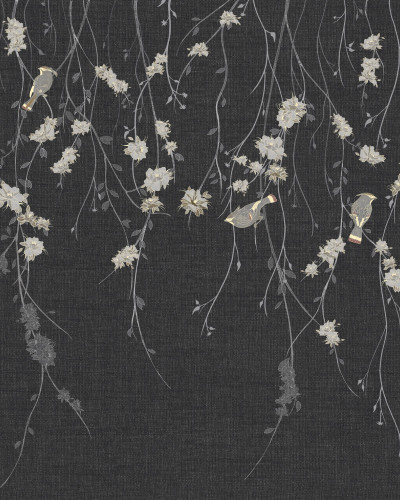 Tapet cu design minimalist, cu ramuri delicate și păsări, pe fundal gri antracit