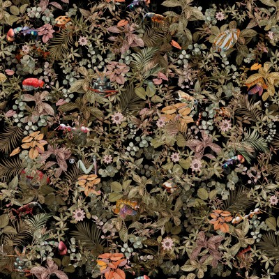 Wallpaper cu model floral tropical în culori vii, pe fundal negru.