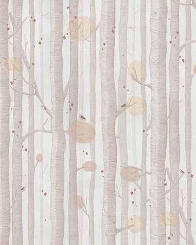 Wallpaper Lullaby, Autumn - design cu copaci înalți și păsări mici pe un fundal subtil, perfect pentru o cameră calmă și relaxantă pentru copii.