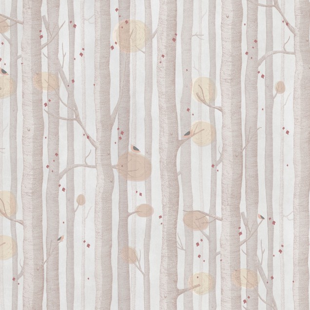 Wallpaper Lullaby, Autumn - design cu copaci înalți și păsări mici pe un fundal subtil, perfect pentru o cameră calmă și relaxantă pentru copii.